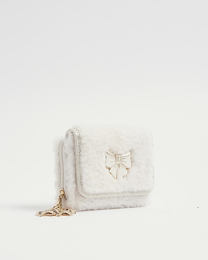 Girls Cream Borg Bow Purse
