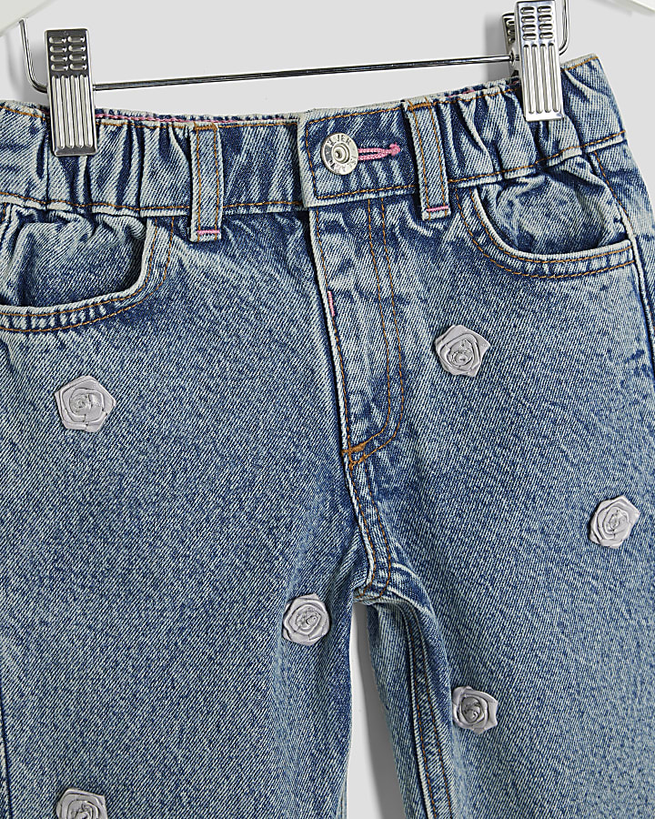 Mini Girls Blue Straight Leg Floral Jeans