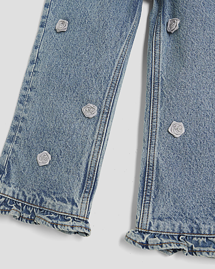 Mini Girls Blue Straight Leg Floral Jeans