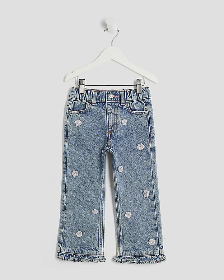Mini Girls Blue Straight Leg Floral Jeans