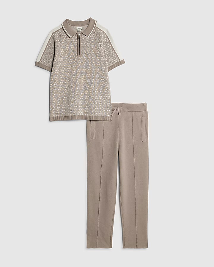 Boys Beige Geometric Print Polo Shirt Set