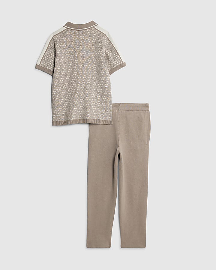 Boys Beige Geometric Print Polo Shirt Set
