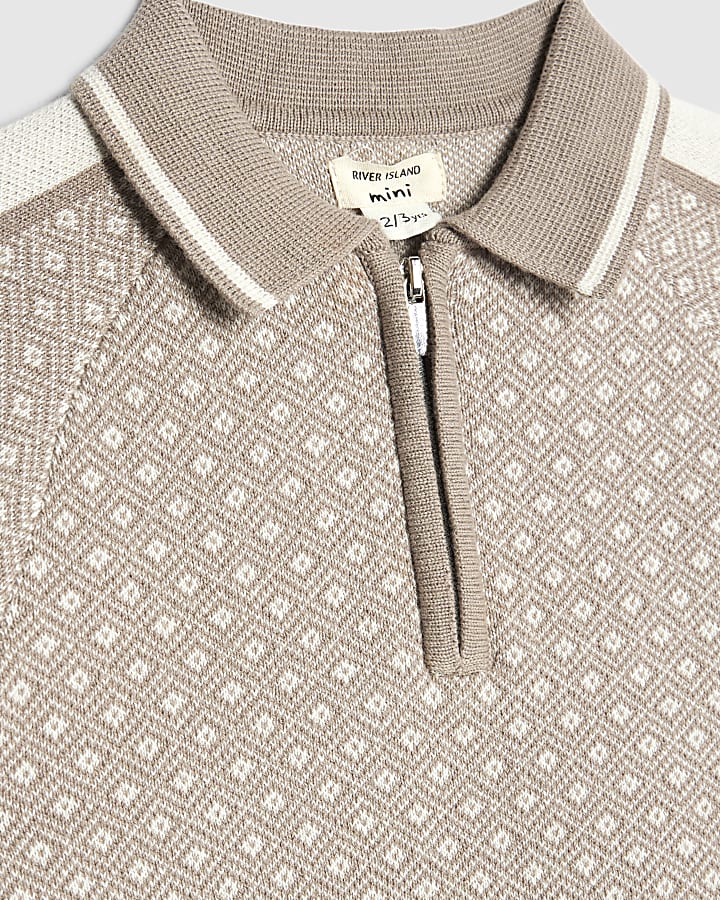 Mini Boys Beige Geometric Polo Shirt Set