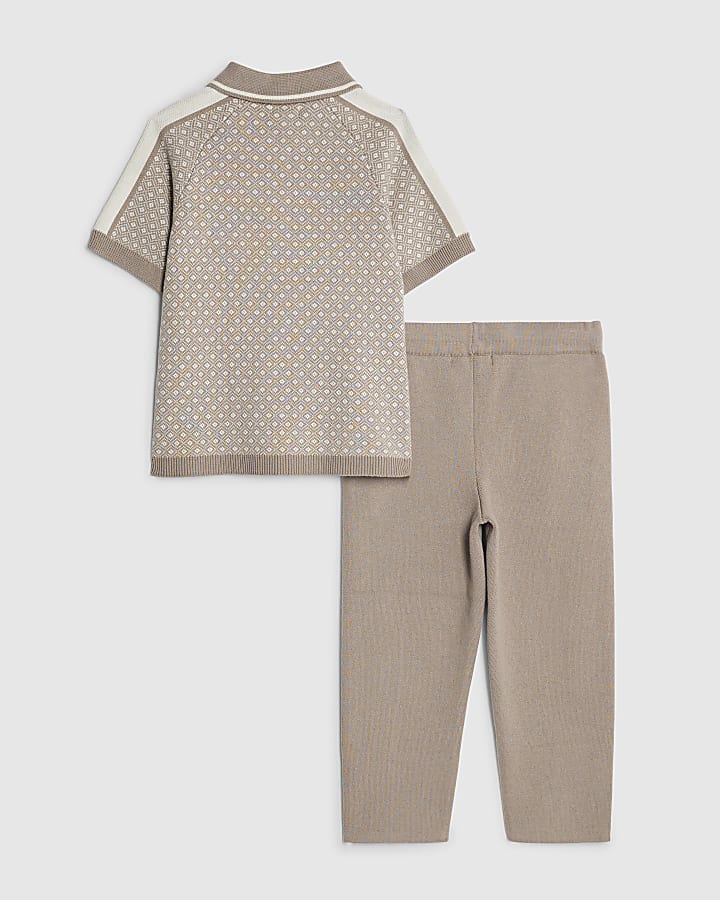 Mini Boys Beige Geometric Polo Shirt Set