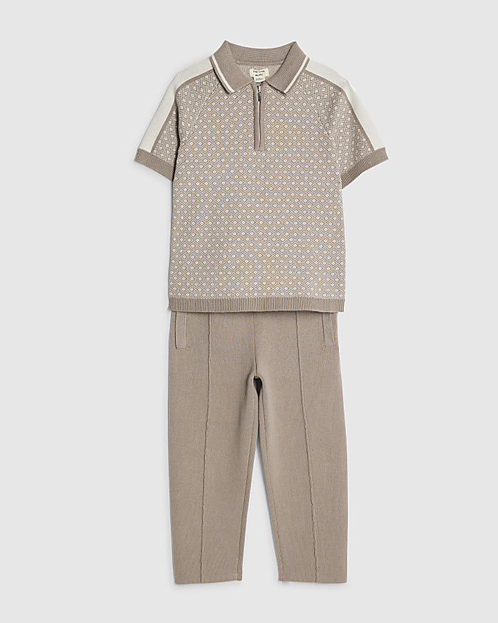 Mini Boys Beige Geometric Polo Shirt Set