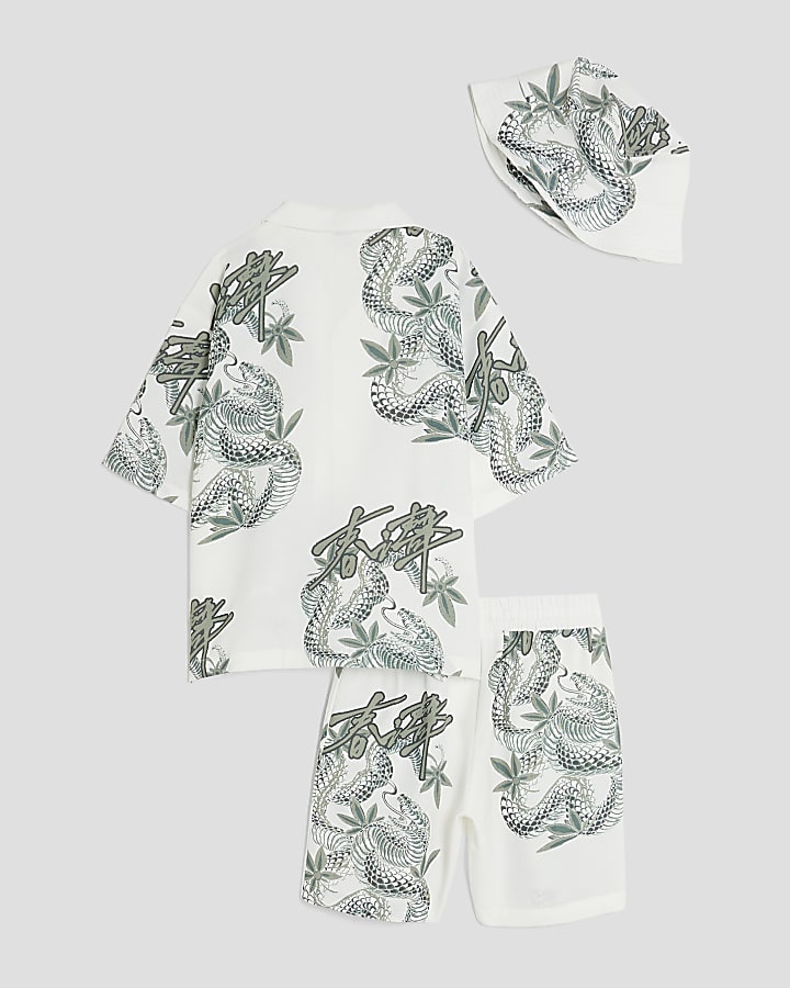 Boys White Japanese Dragon Shirt 3 Piece Set
