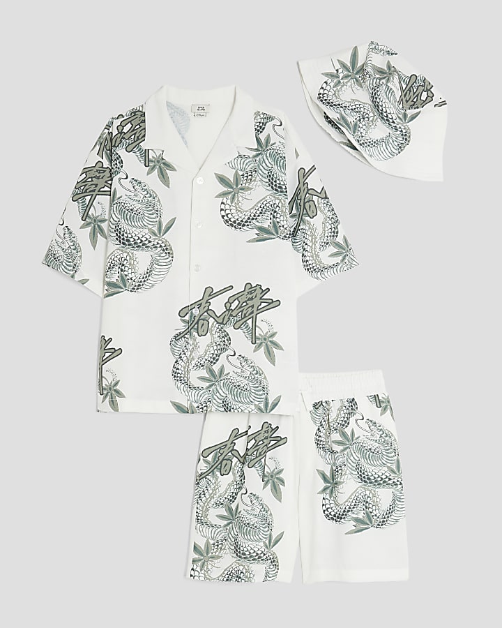 Boys White Japanese Dragon Shirt 3 Piece Set