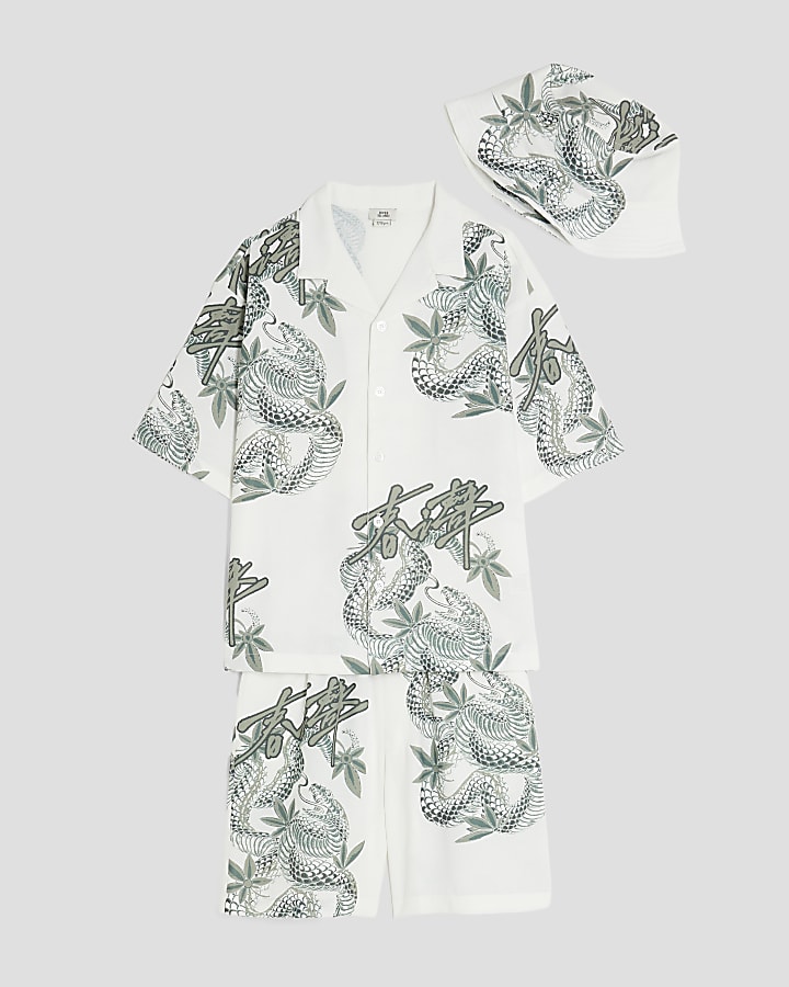 Boys White Japanese Dragon Shirt 3 Piece Set
