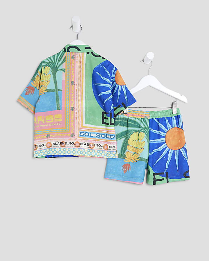 Mini Boys Blue Atlas Shirt And Shorts Set