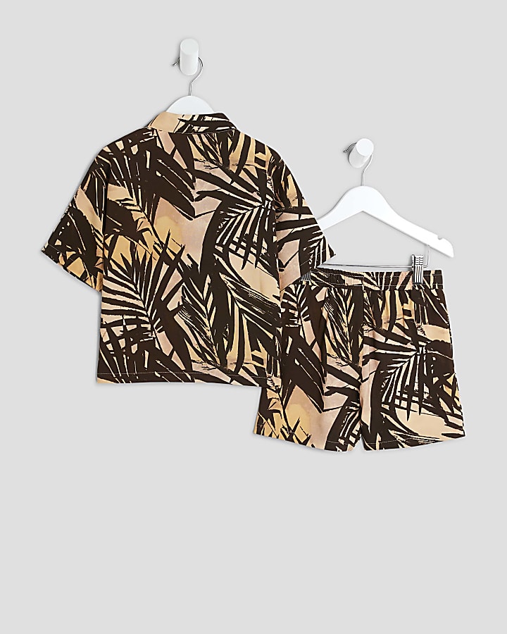 Mini Boys Orange Palm Print Beach Shirt Set