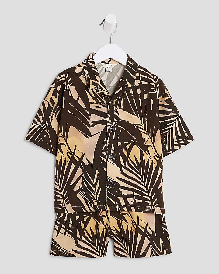 Mini Boys Orange Palm Print Beach Shirt Set