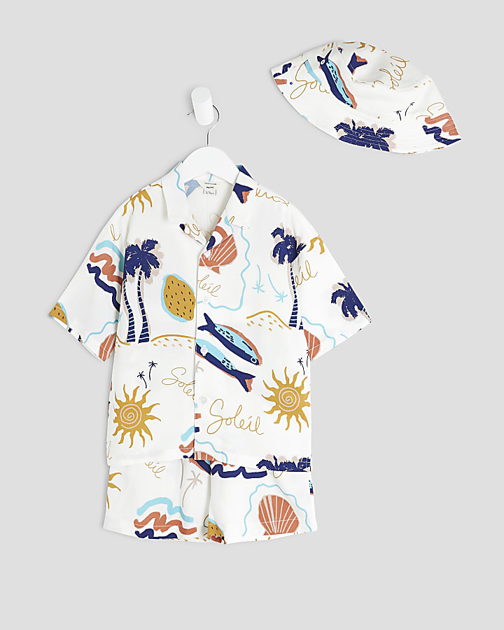 Mini Boys White Beach Print 3 Piece Set