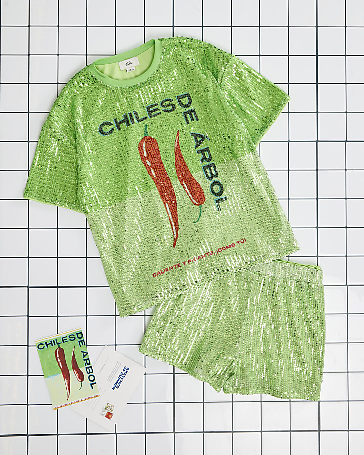 Girls Green Atlas Sequin T-shirt & Shorts Set