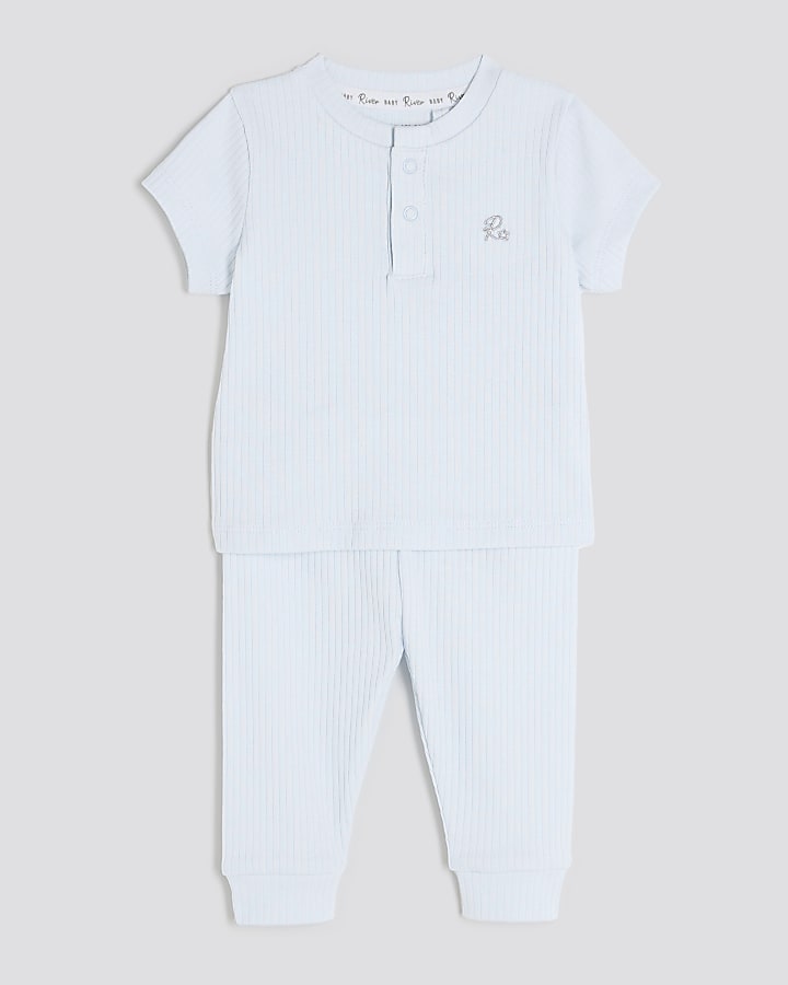 Baby Boys Blue Ribbed Top And Leggings Set