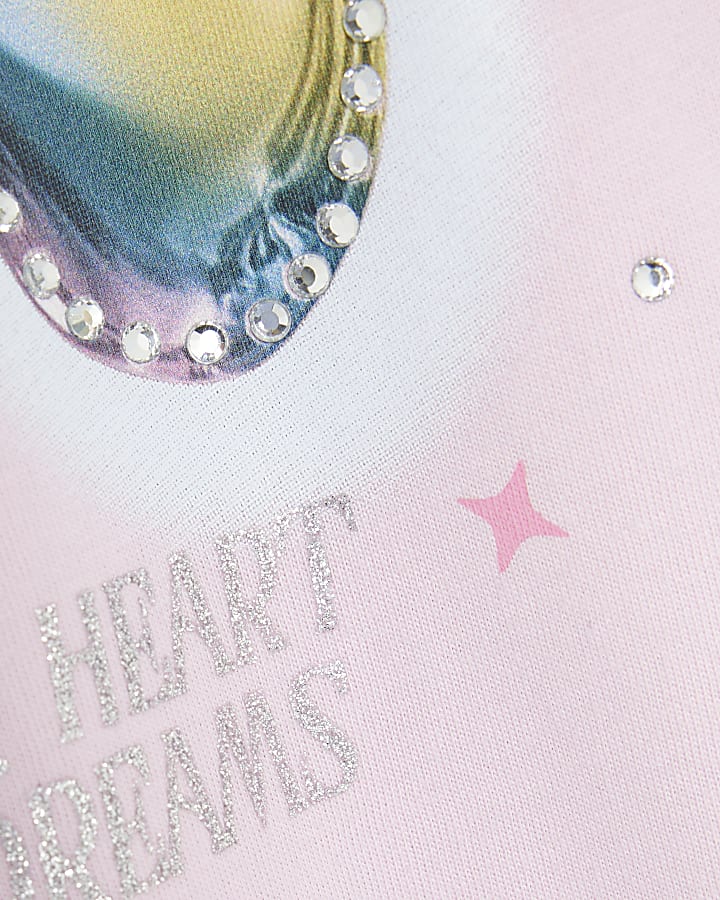 Girls Pink Embellished Chrome Heart T-Shirt