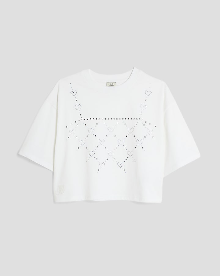 Girls White Diamante Heart Vest T-Shirt