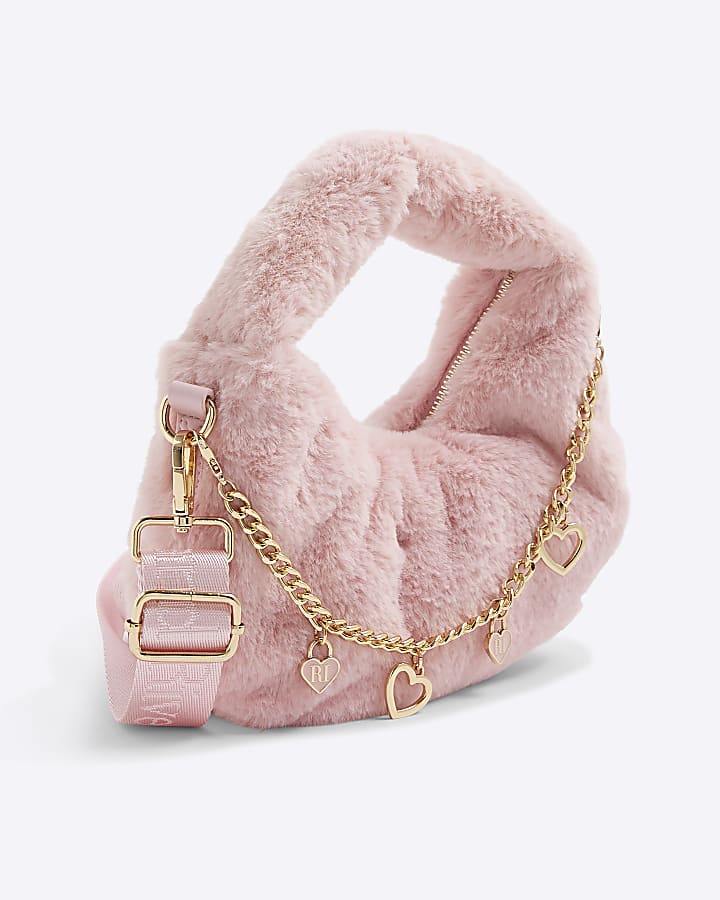 Girls Pink Faux Fur Chain Grab Bag