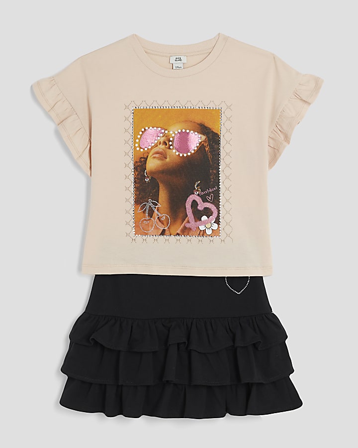 Girls Black Girl T-Shirt And Skirt Set