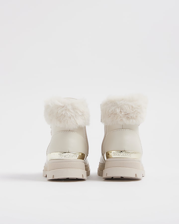 Mini Girls Cream Faux Fur Trim Lace Up Boots