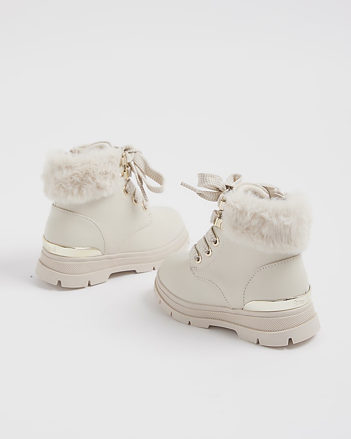 Mini Girls Cream Faux Fur Trim Lace Up Boots