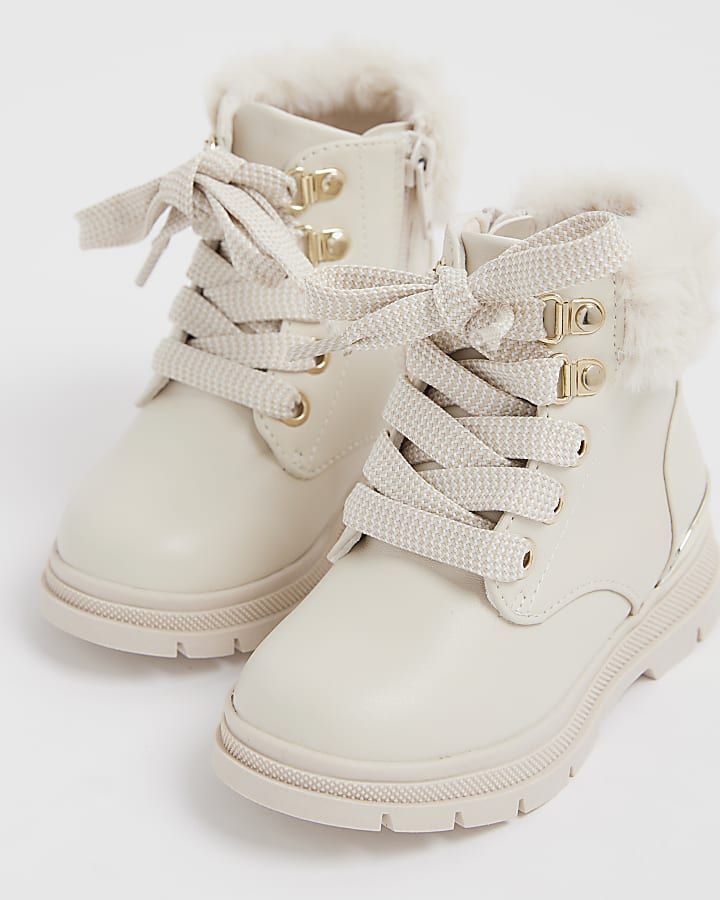 Mini Girls Cream Faux Fur Trim Lace Up Boots