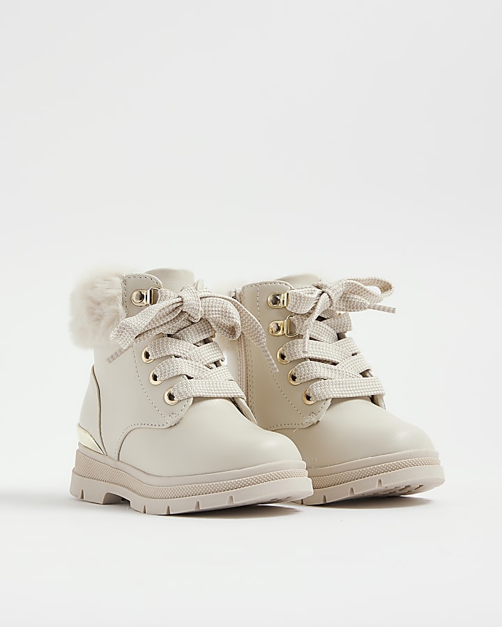 Mini Girls Cream Faux Fur Trim Lace Up Boots