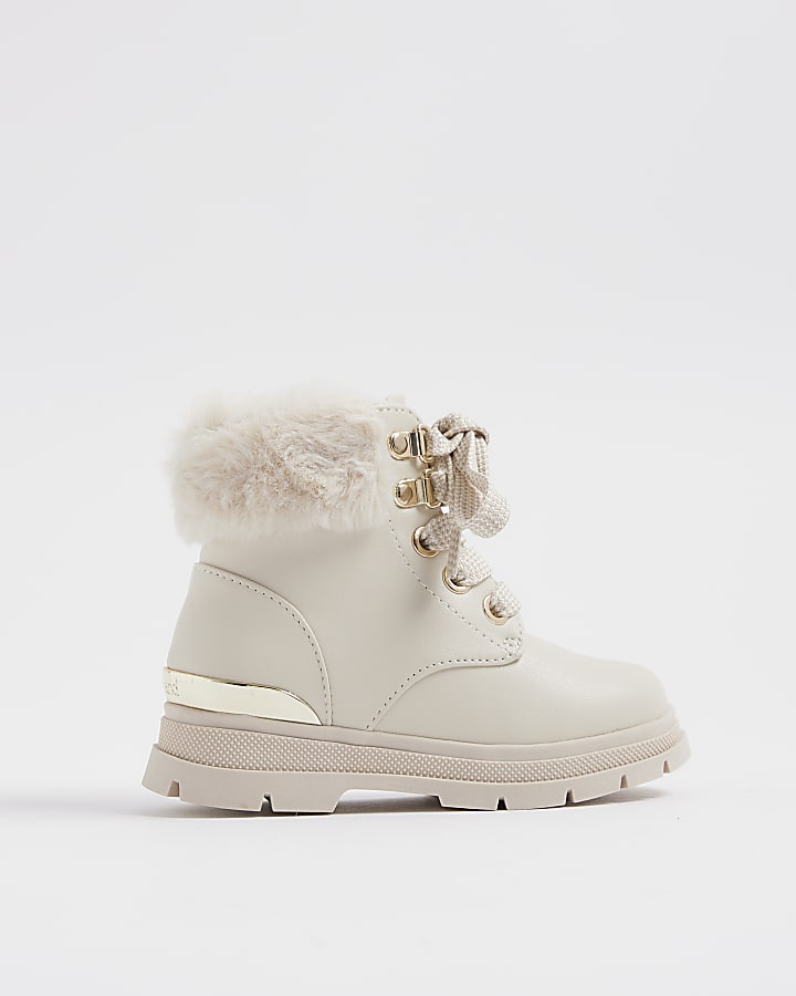 Mini Girls Cream Faux Fur Trim Lace Up Boots