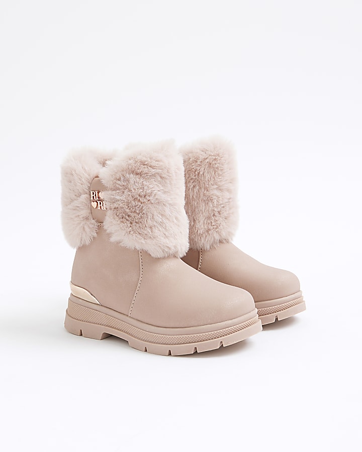 Mini Girls Pink Heart Bow Fur Boots
