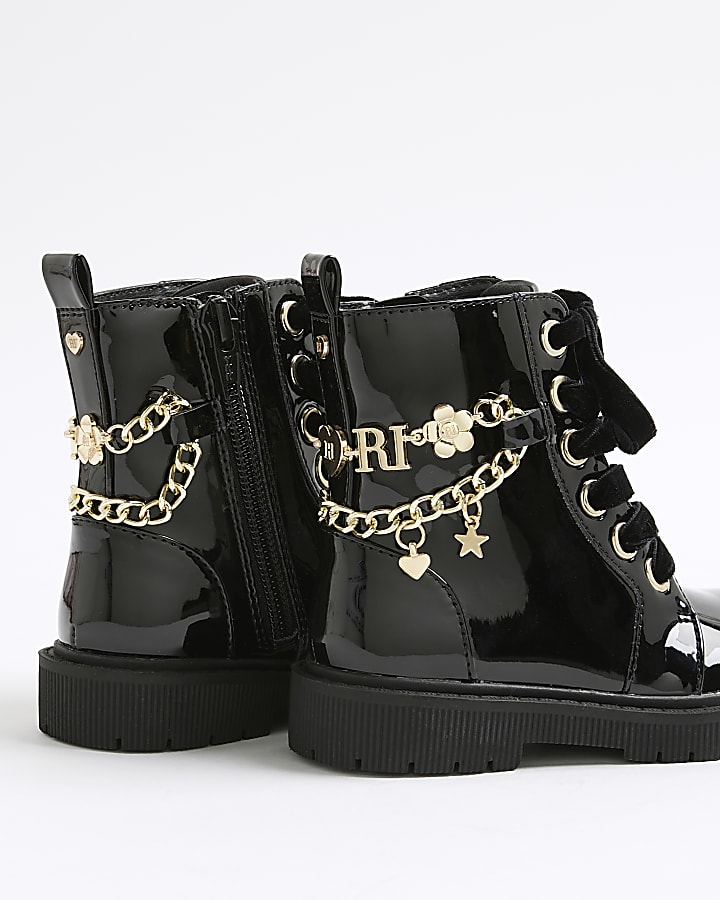 Mini Girls Black Charm Chain Lace Up Boots