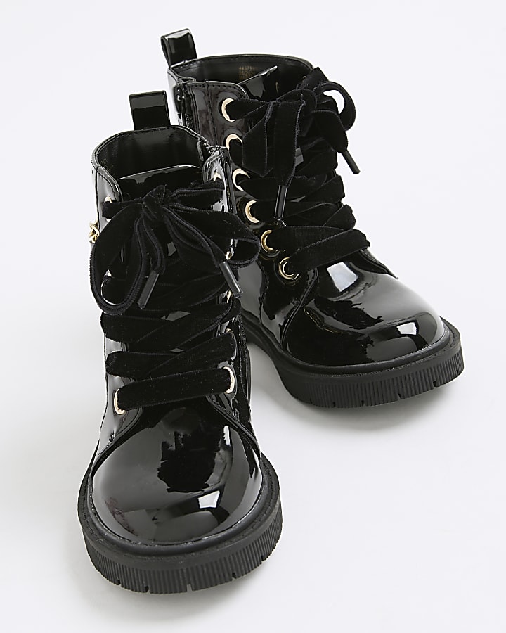 Mini Girls Black Charm Chain Lace Up Boots