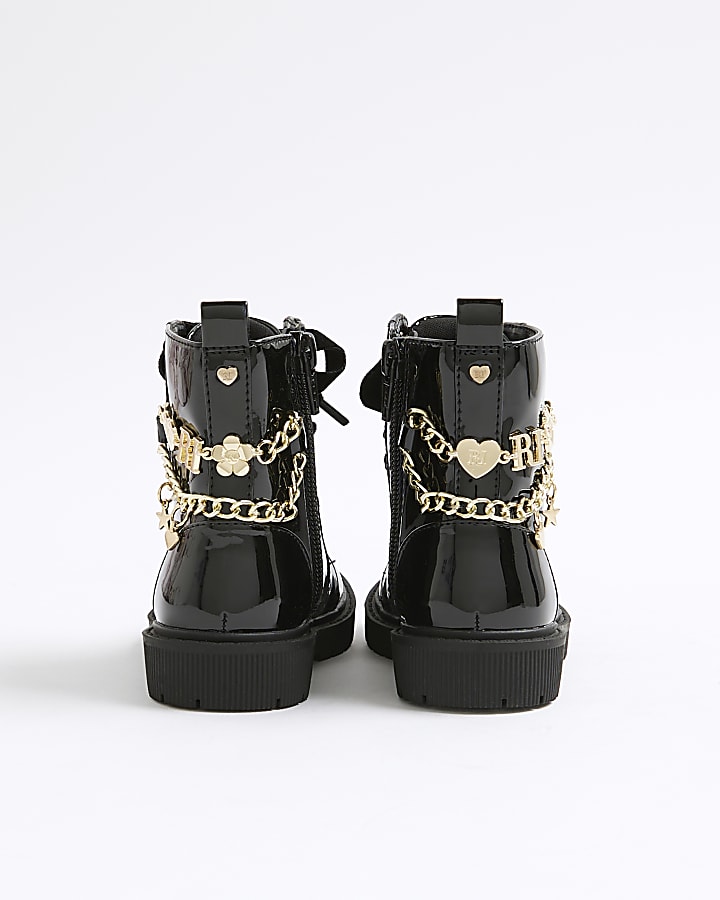 Mini Girls Black Charm Chain Lace Up Boots