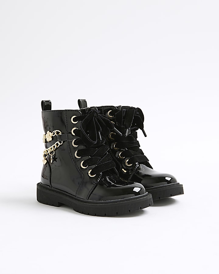 Mini Girls Black Charm Chain Lace Up Boots