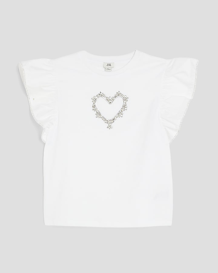 Girls White Heart Frill Sleeve T-Shirt