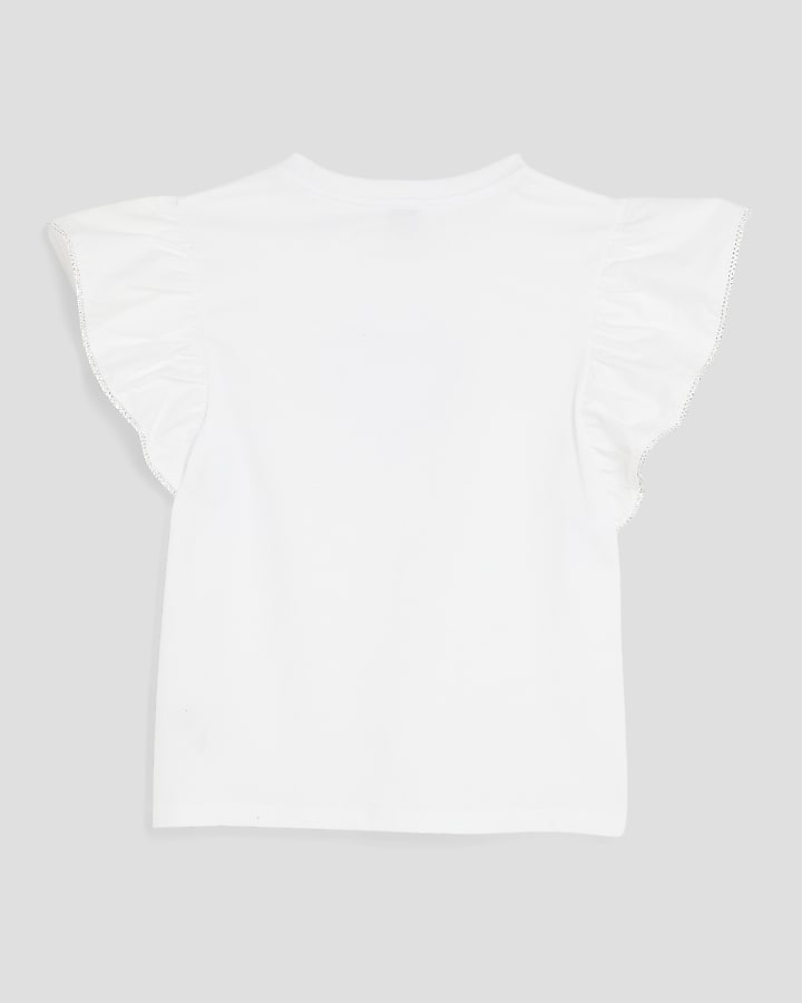Girls White Heart Frill Sleeve T-Shirt
