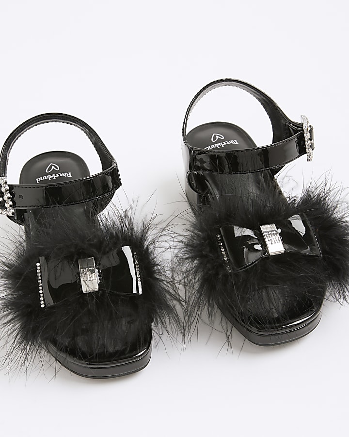 Girls Black Faux Feather Bow Heeled Sandals