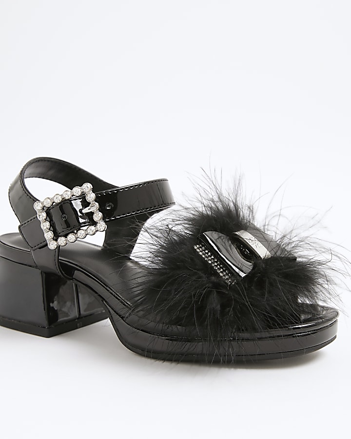Girls Black Faux Feather Bow Heeled Sandals