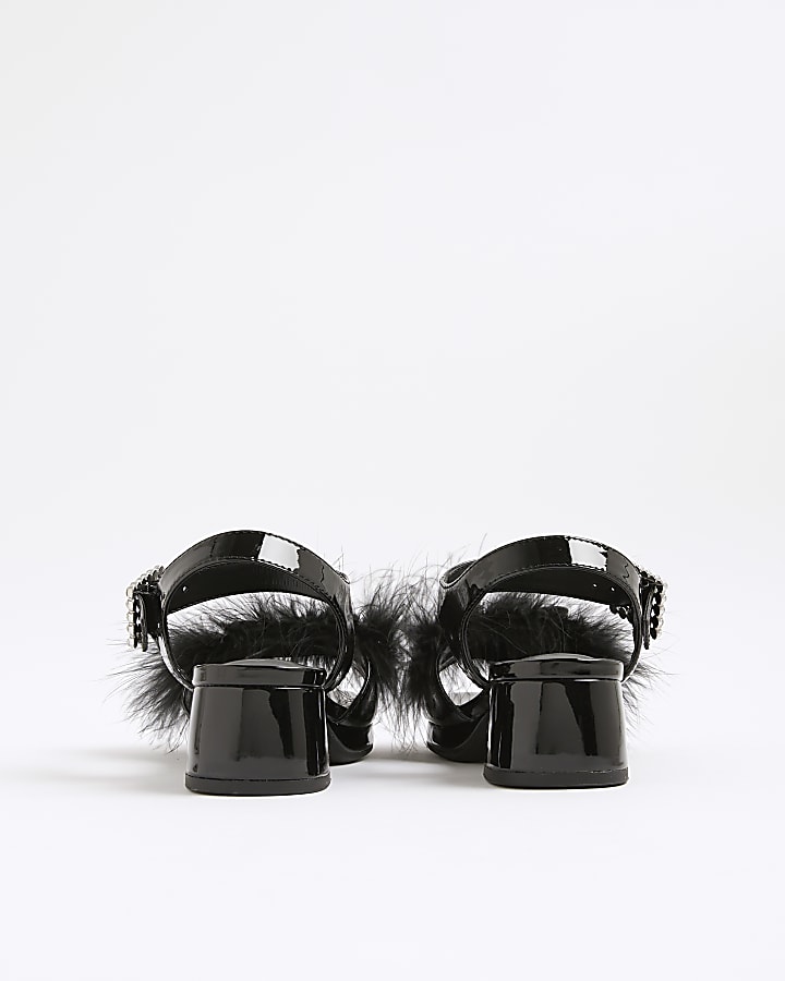 Girls Black Faux Feather Bow Heeled Sandals