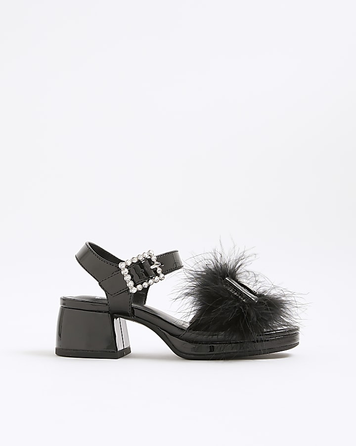 Girls Black Faux Feather Bow Heeled Sandals