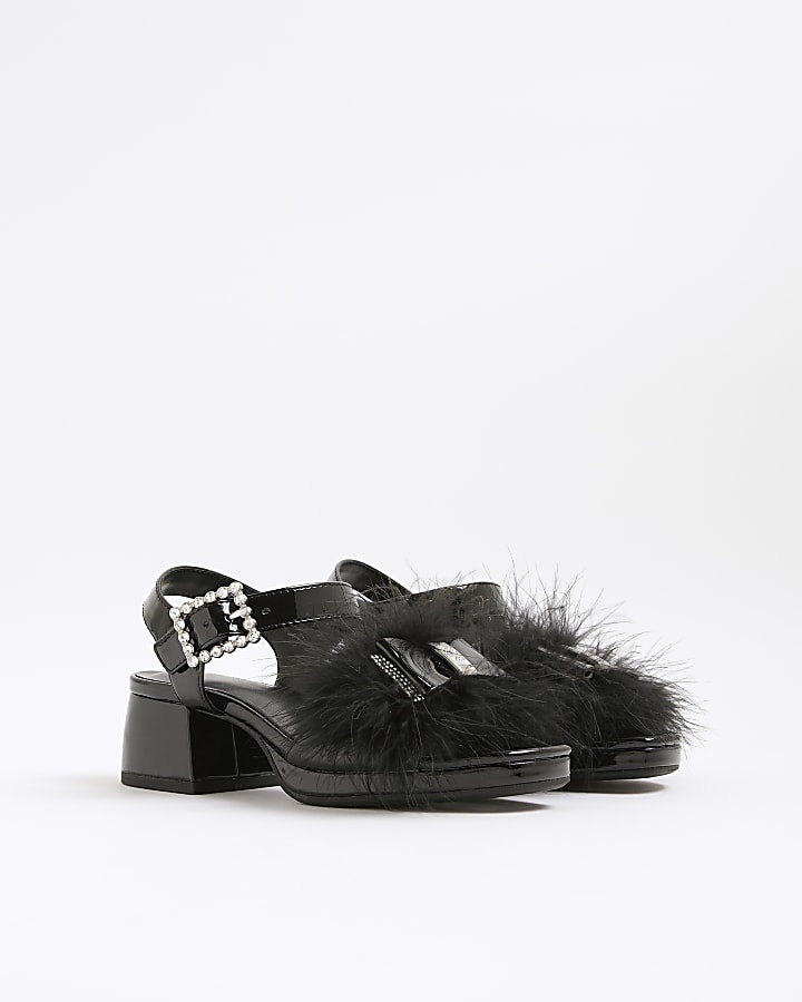 Girls Black Faux Feather Bow Heeled Sandals