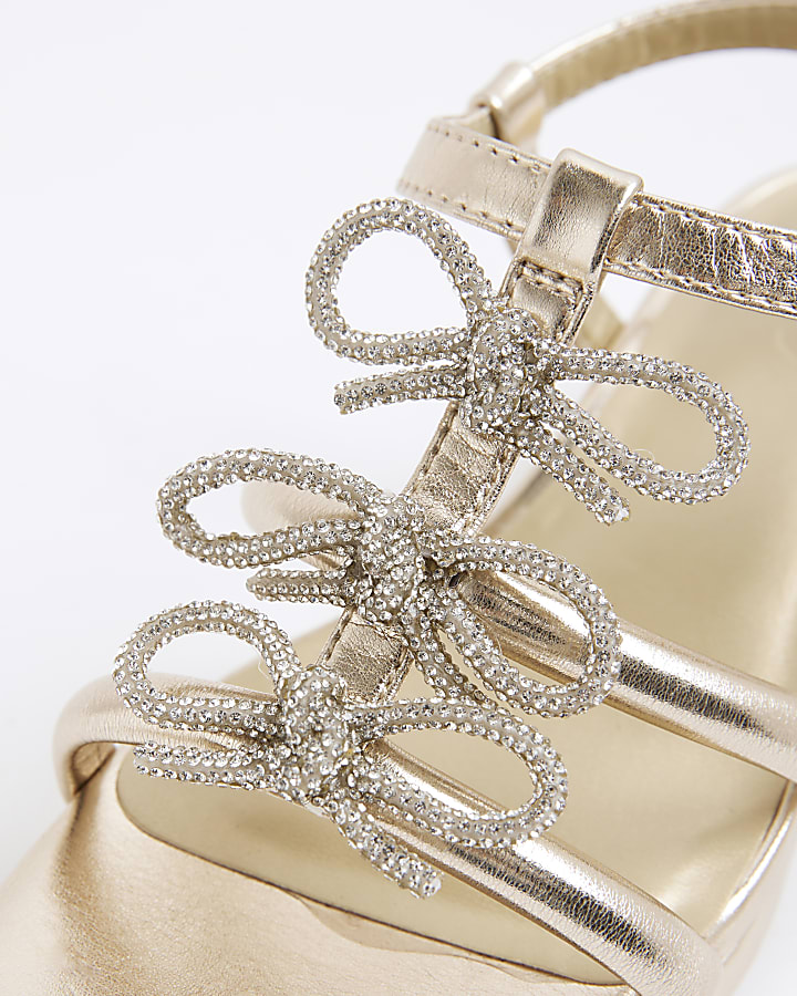 Girls Gold Triple Bow Heeled Sandals