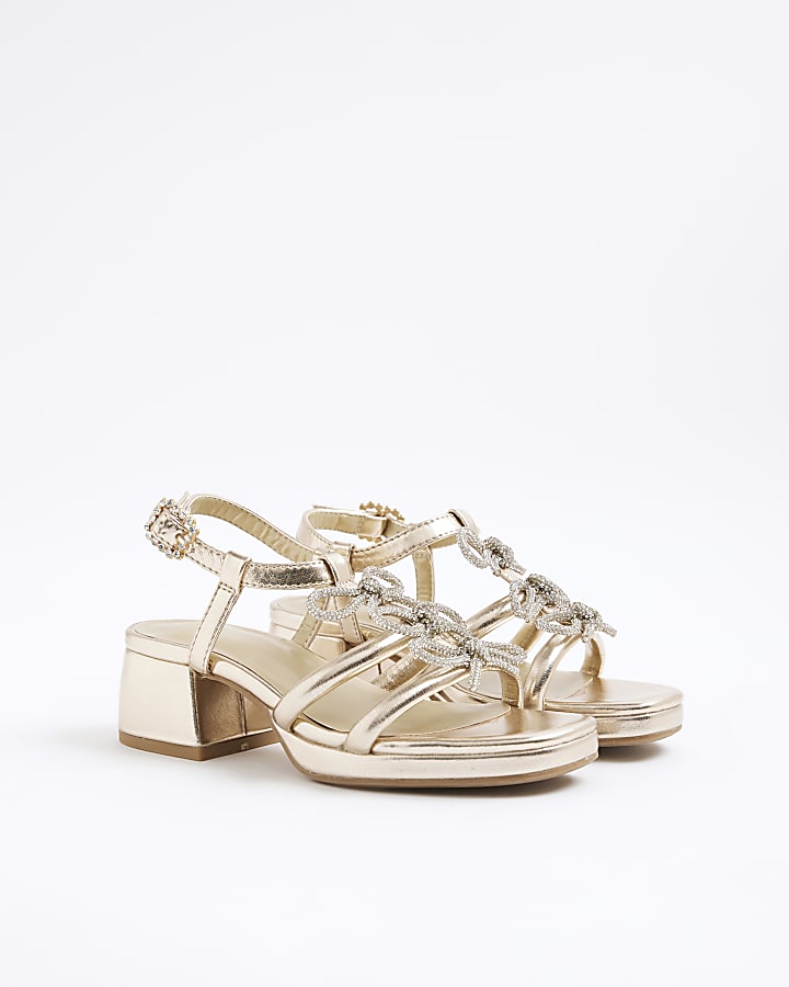 Girls Gold Triple Bow Heeled Sandals