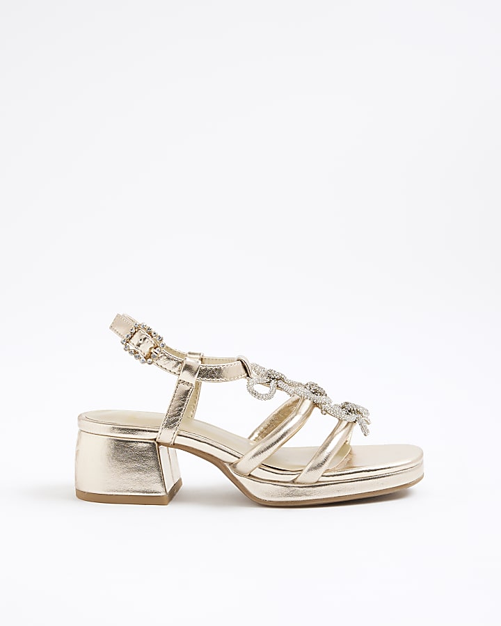 Girls Gold Triple Bow Heeled Sandals