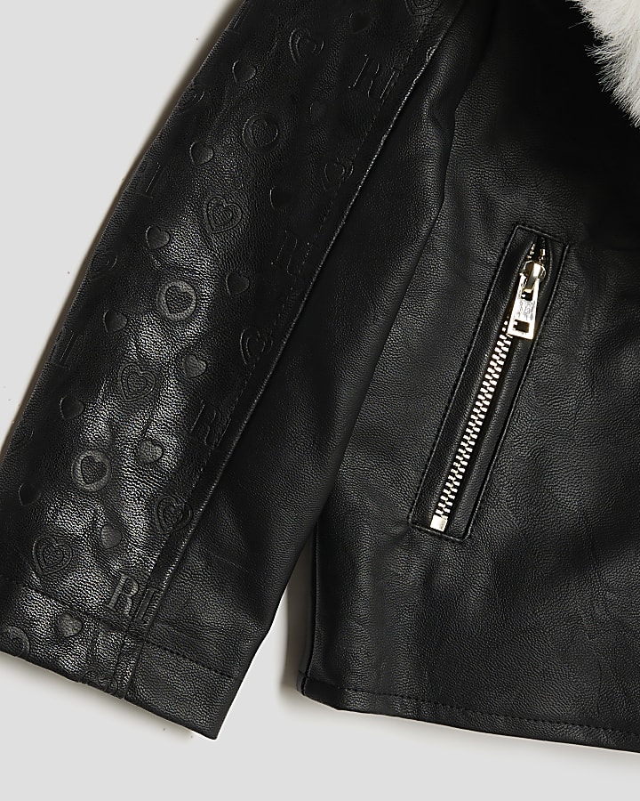 Mini Girls Faux Fur Collar Biker Jacket
