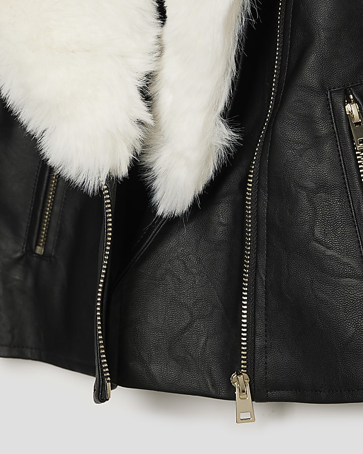 Mini Girls Faux Fur Collar Biker Jacket