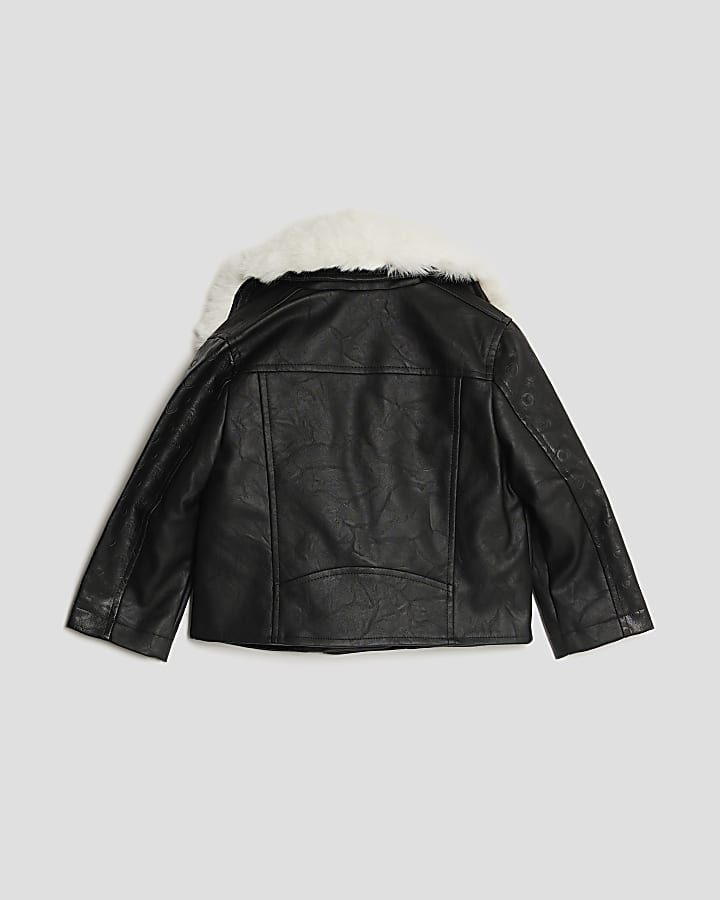 Mini Girls Faux Fur Collar Biker Jacket