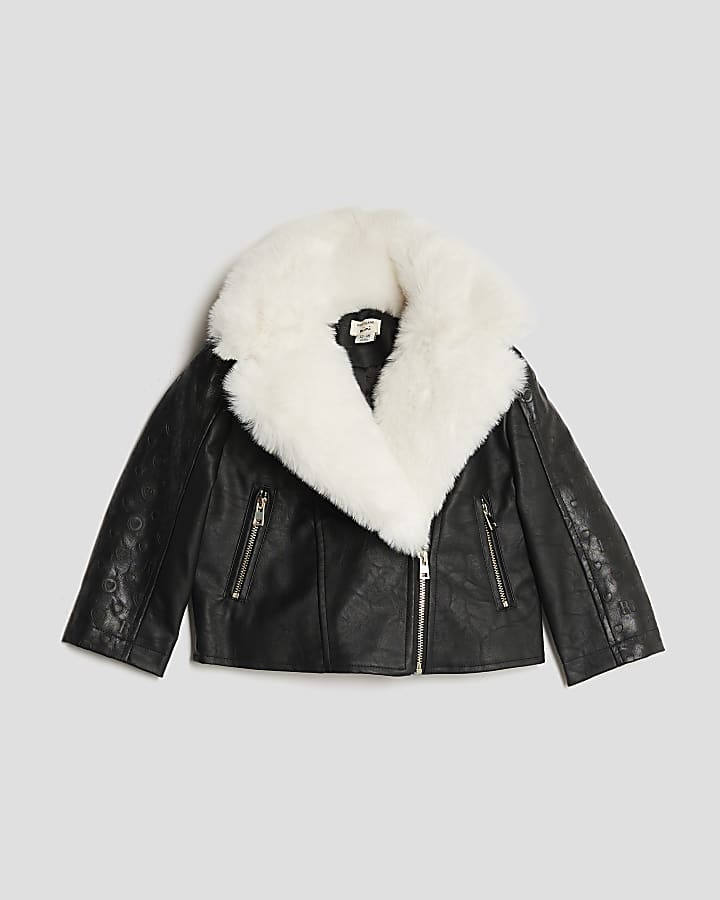 Mini Girls Faux Fur Collar Biker Jacket