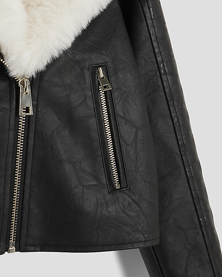 Girls Black Monogram Faux Fur Biker Jacket