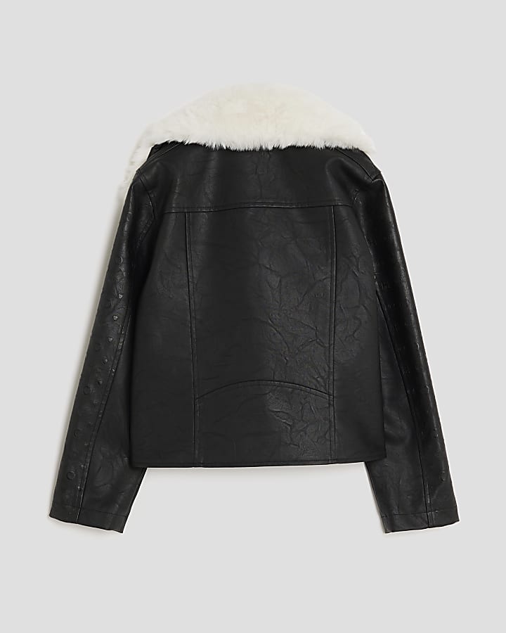 Girls Black Monogram Faux Fur Biker Jacket