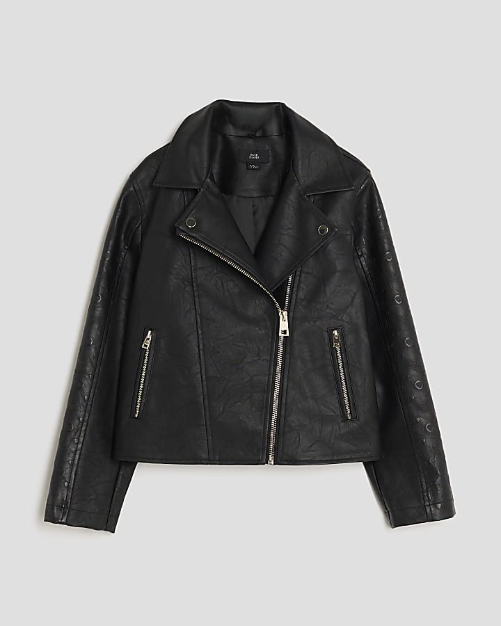 Girls Black Monogram Faux Fur Biker Jacket