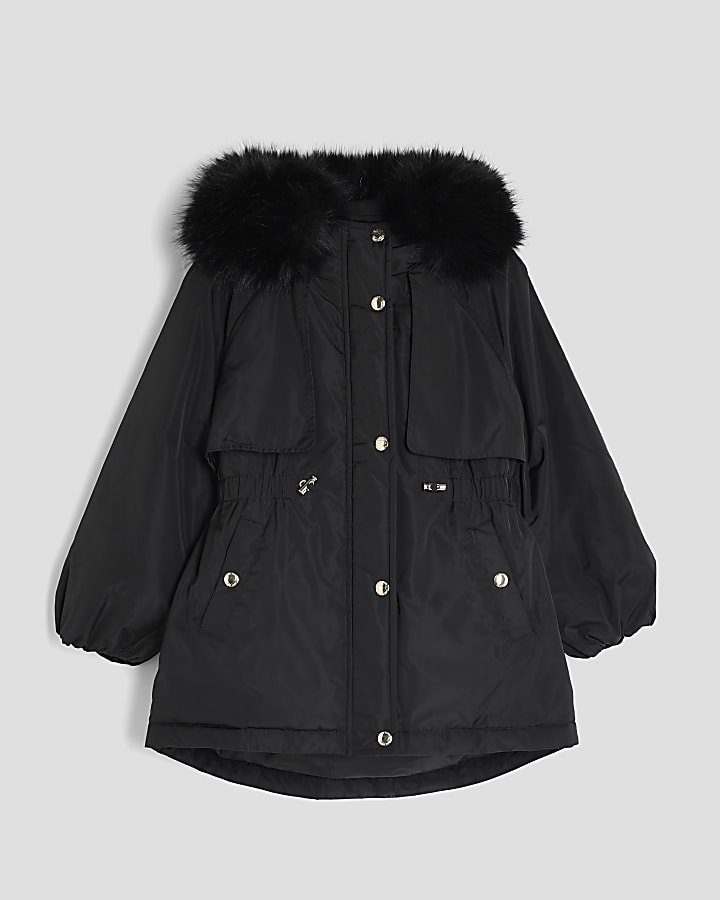 Girls Black Faux Fur Hood Coat